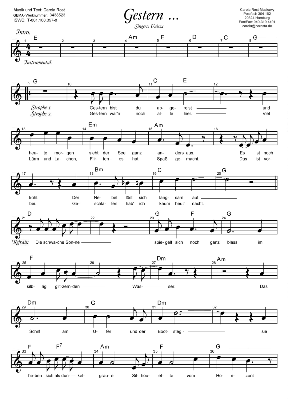 Gestern - Notenblatt 1