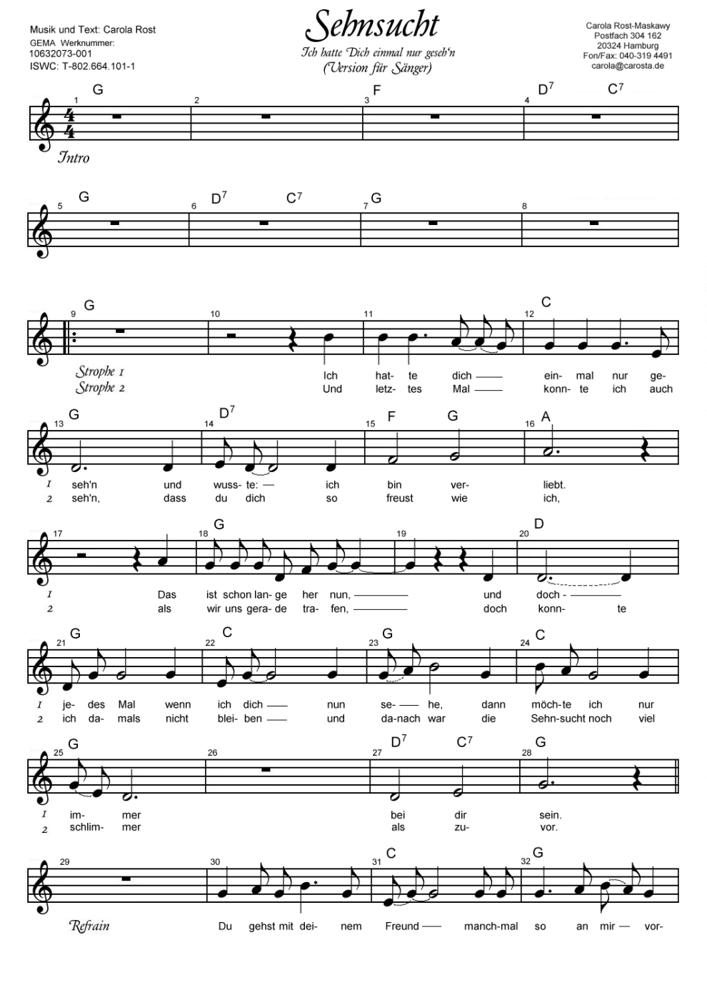 Sehnsucht - Version f�r S�nger Notenblatt 1