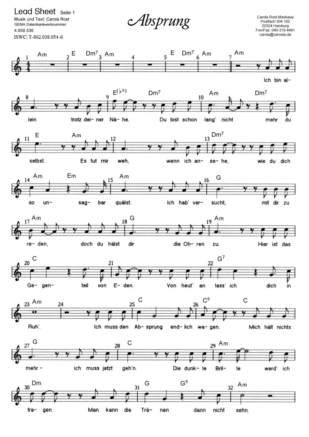 Absprung - Lead Sheet Seite 1