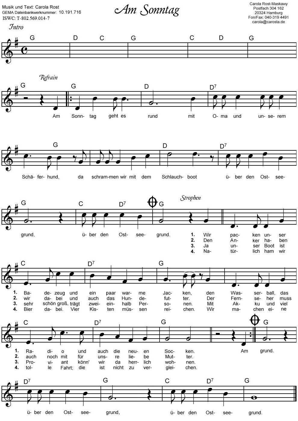 Am Sonntag - Notenblatt