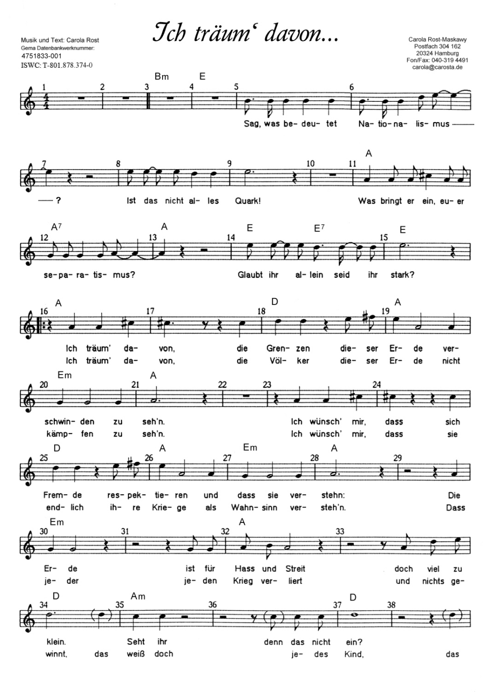 Ich tr�um' davon... - Notenblatt 1