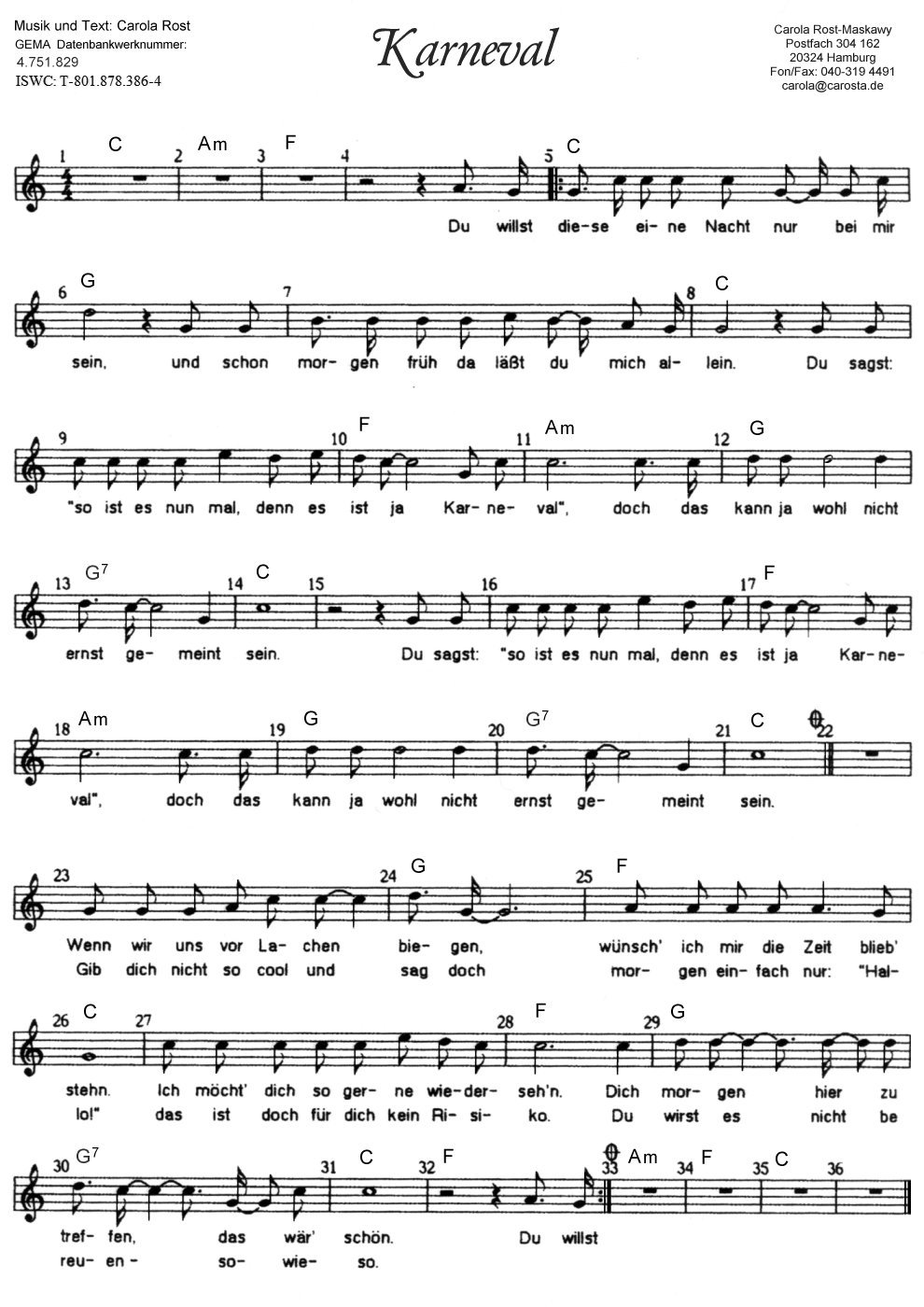 Karneval - Notenblatt