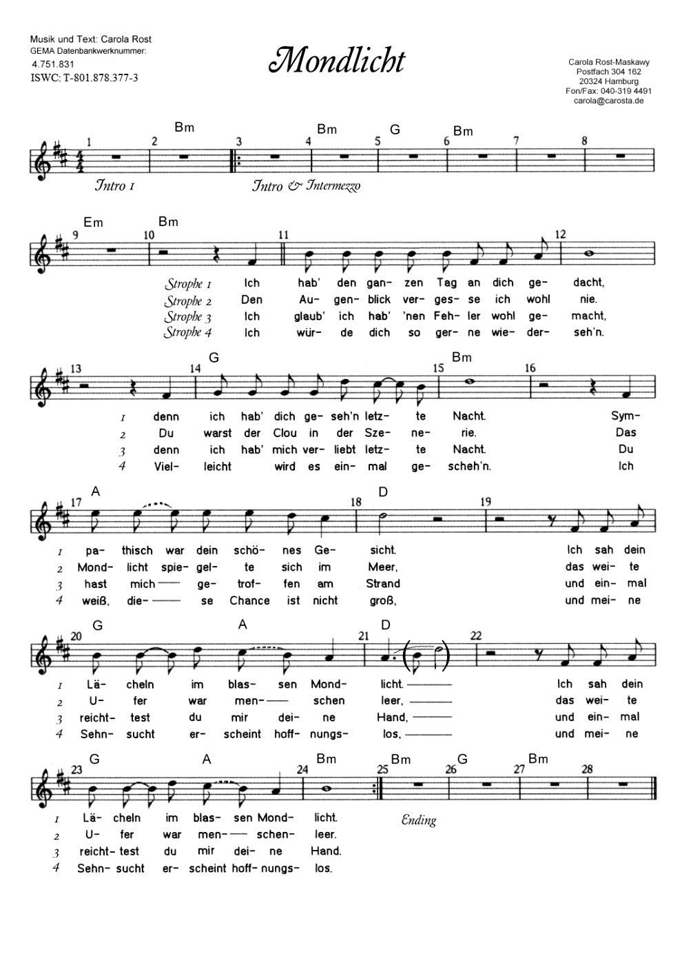 Mondlicht - Notenblatt