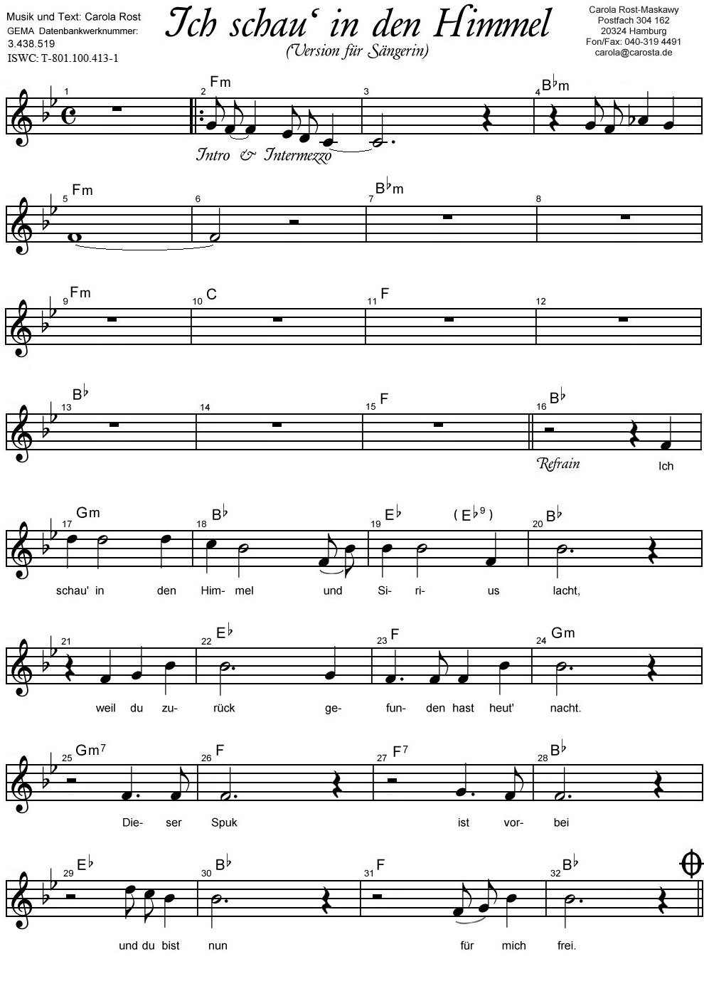 Ich schau' in den Himmel female - Notenblatt