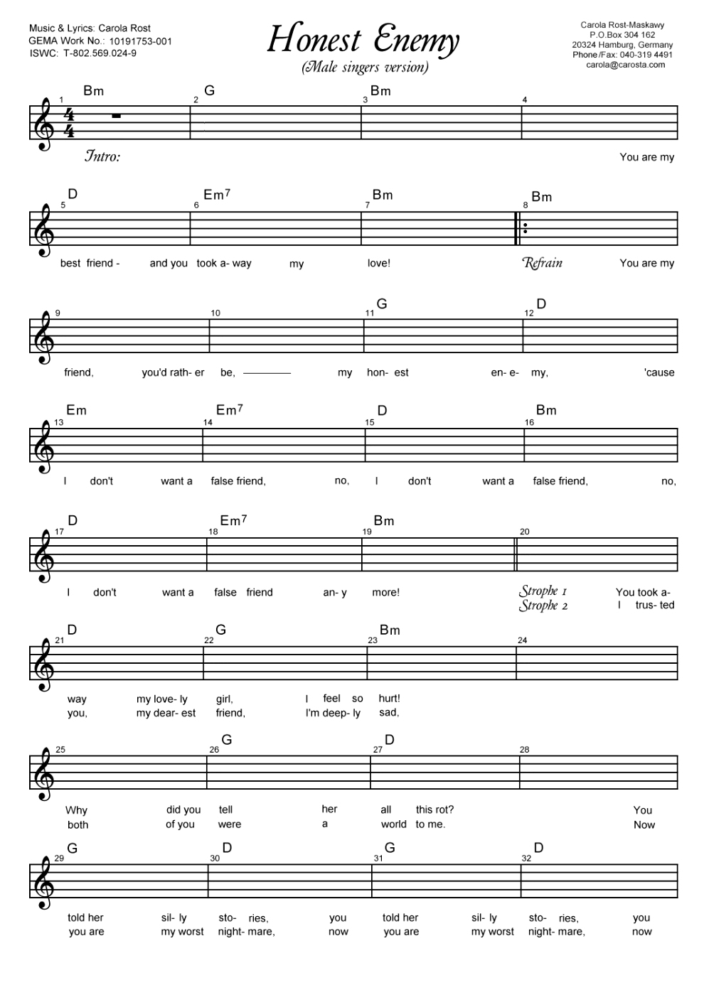 Honest Enemy - male version - music sheet 1