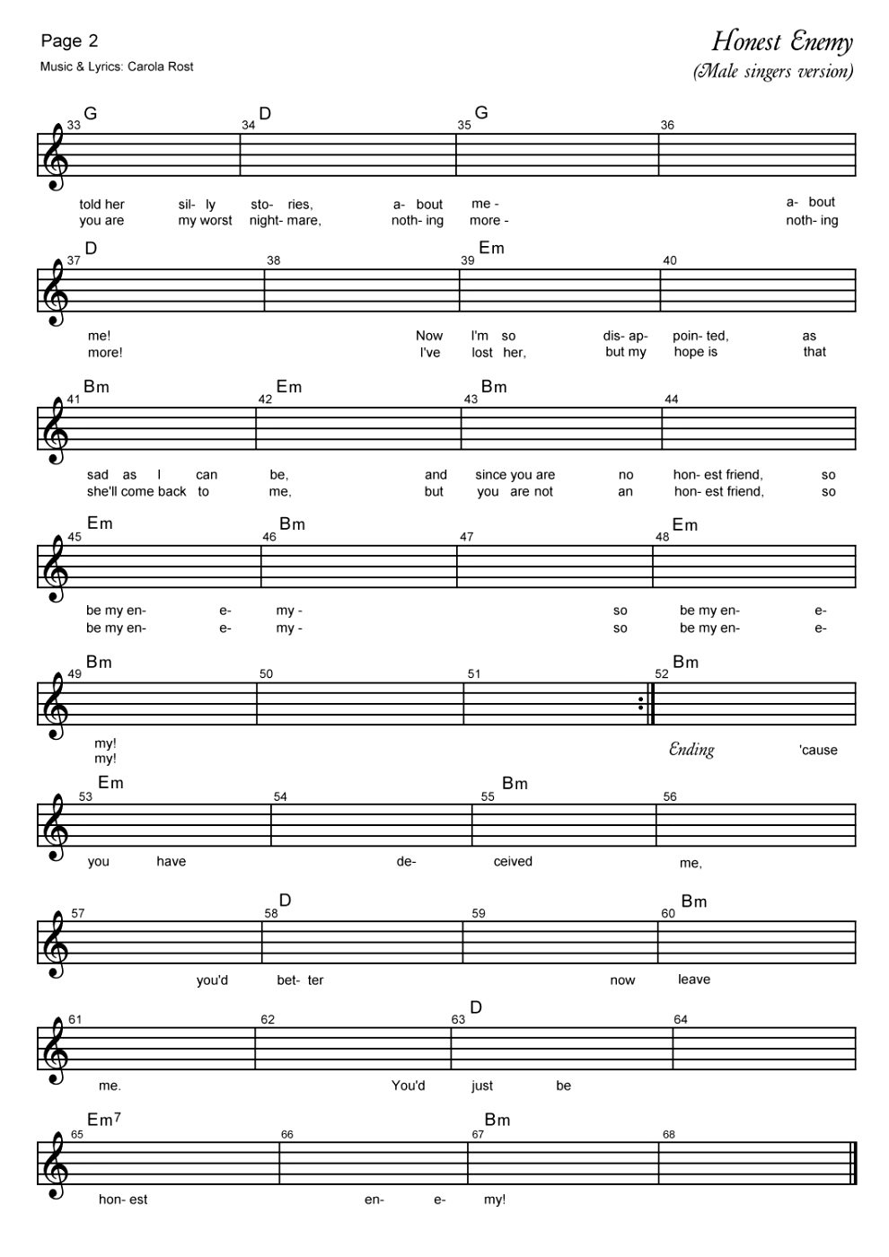 Honest Enemy - male version - music sheet 2