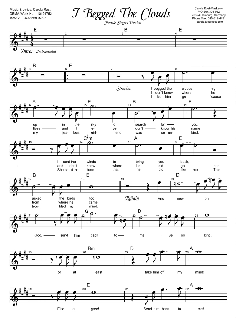 I Begged The Clouds - female version - music sheet 1