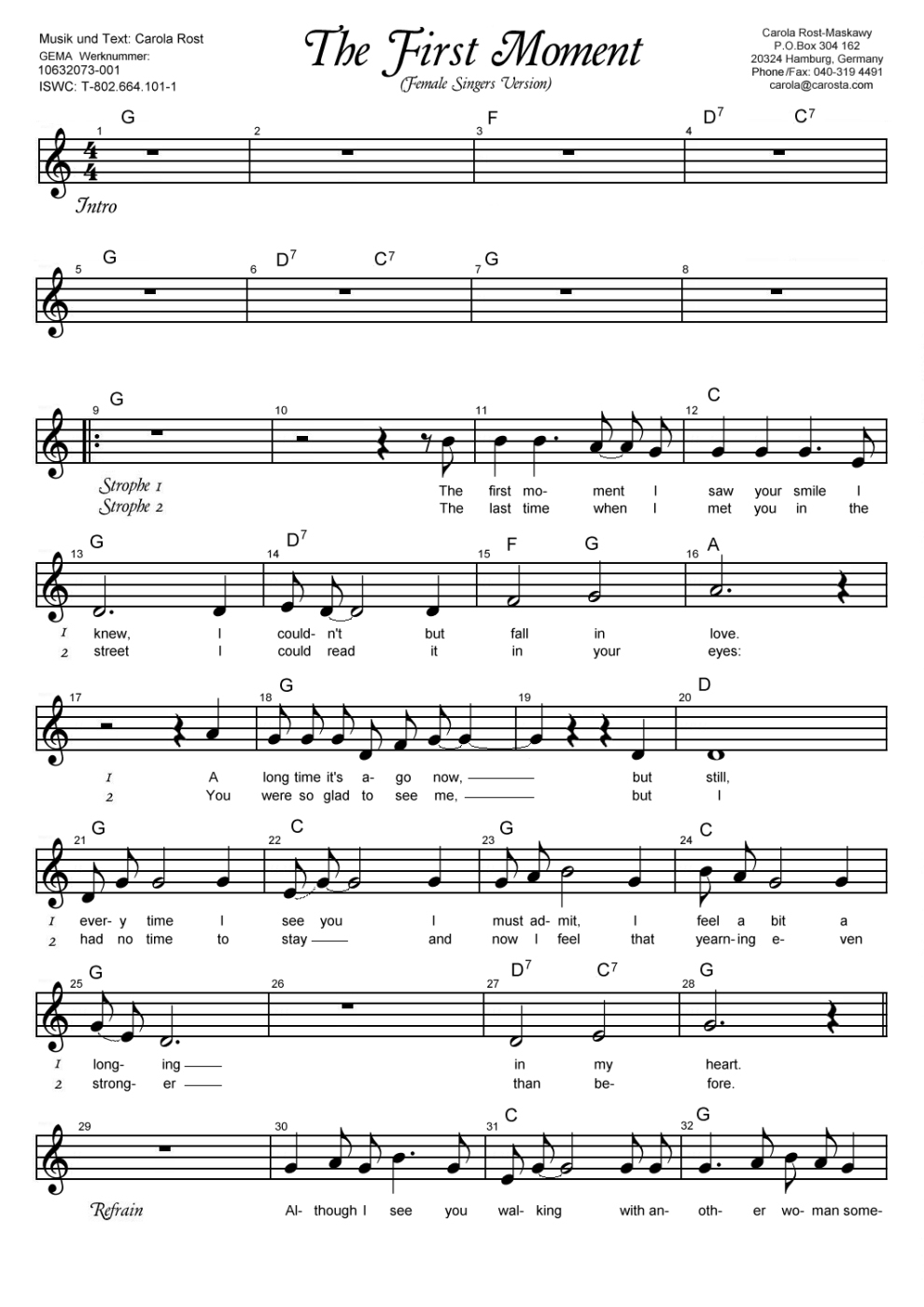 The First Moment - female version - music sheet 1