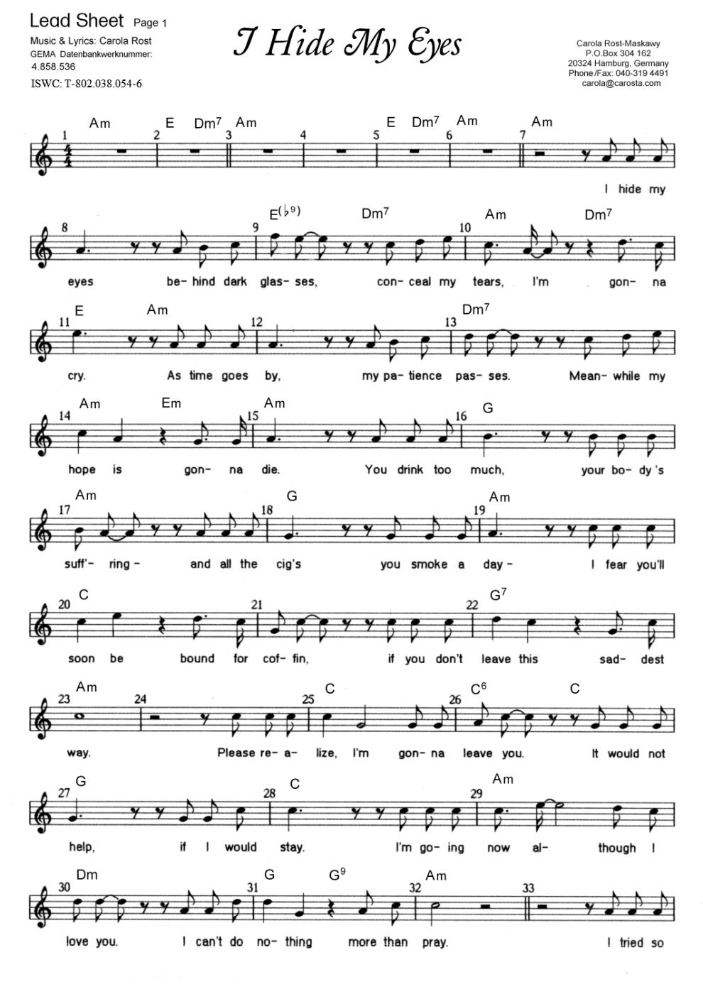 I Hide My Eyes - lead sheet 1