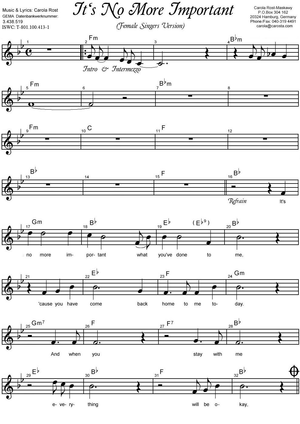 It's No More Important female - music sheet