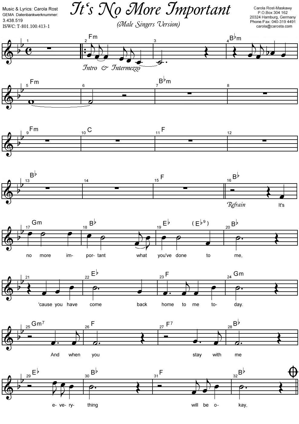 It's No More Important male - music sheet