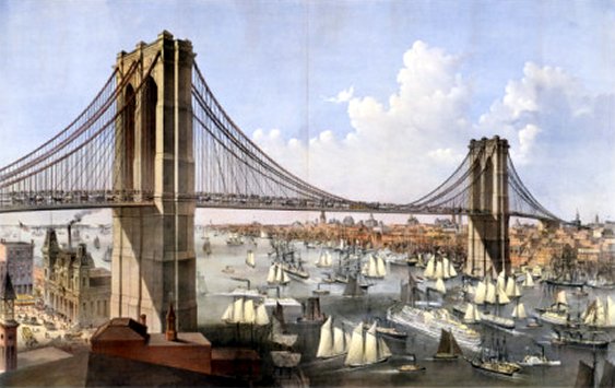 Brooklyn Bridge, Connecting the Cities of New York and Brooklyn, by Currier and Ives