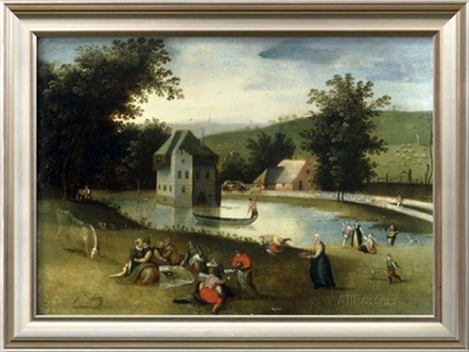 A Landscape with Gentlefolk Feasting, a Moated Castle in the Background