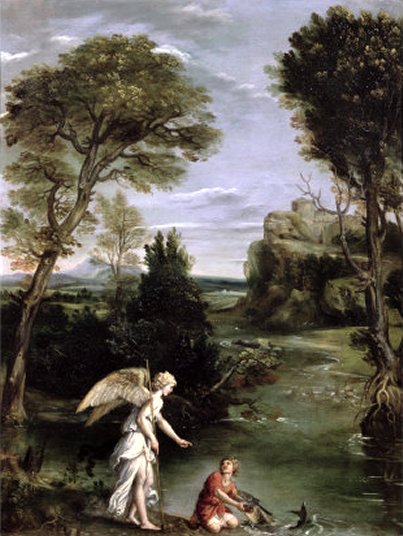 Landscape with Tobias Laying Hold of the Fish, circa 1615 by Domenichino