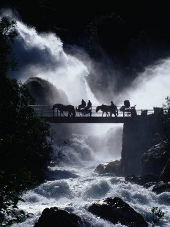 Bridge Over Waterfall and Rapids, Briksdal, Norway, Art Print
